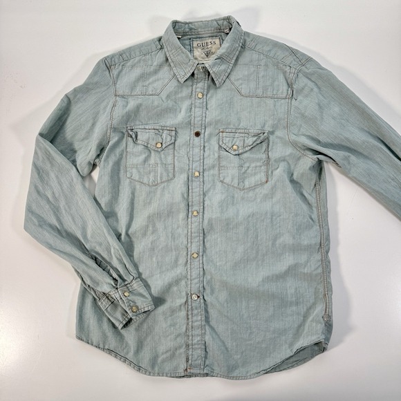 Guess Other - GUESS Denim Western Pearl‎ Snap Button Up Long Sleeve Shirt Mens Large Blue